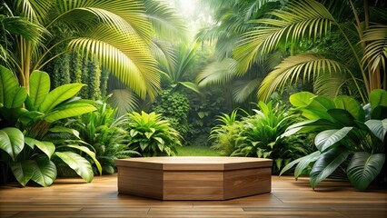 Fototapeta premium Wooden podium on a tropical garden, surrounded by lush green leaves , Outdoor, Garden, Tropical, Wooden, Podium, Nature