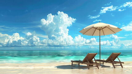 Obraz premium Perfect Beach Day. Loungers and Umbrella Under a Blue Sky
