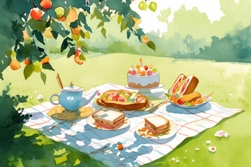 Charming Outdoor Picnic Spread with Fresh Fruit, Sandwiches, and Tea in a Sunlit Garden