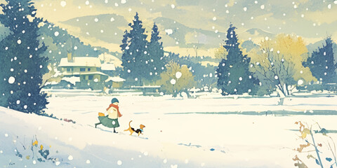 Child and Dog Walking in Snowy Winter Landscape with Falling Snowflakes