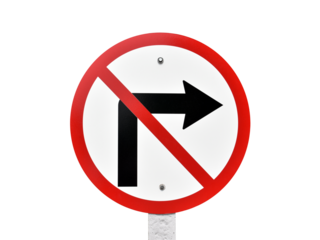 traffic sign, prohibiting turn right sign on pole isolated on transparent