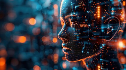 A woman's face is shown in a computer generated image with a city background