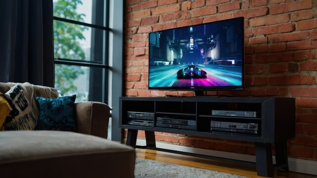 Gaming console on a TV stand with a colorful game paused, perfect for home entertainment