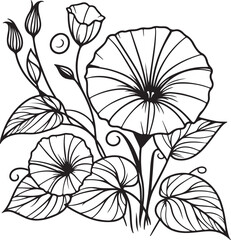 Morning glories, simple outline and shapes of A coloring page, coloring book page silhouette vector illustration