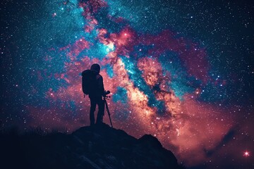 Lone stargazer silhouetted against a starry sky.