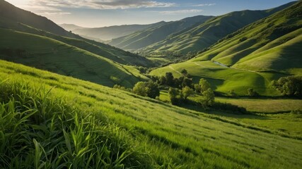 A lush green valley surrounded by rolling hills, perfect for serene getaways and nature retreats