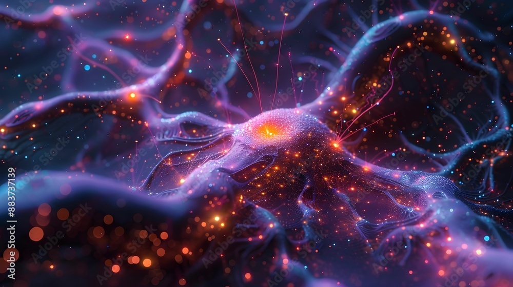Wall mural nerve fibers depicted as glowing threads weaving through a cosmic tapestry, creating intricate patte