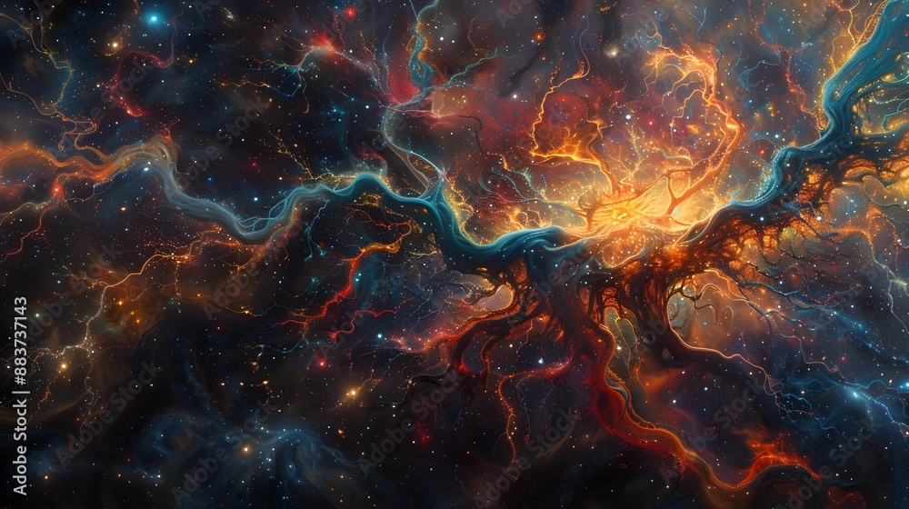 Poster nerve fibers depicted as glowing threads weaving through a cosmic tapestry, creating intricate patte