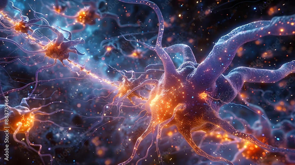Wall mural nerve fibers depicted as glowing threads weaving through a cosmic tapestry, creating intricate patte