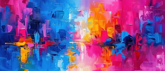 Vibrant abstract painting with bold colors, featuring blue, pink, and yellow brushstrokes blending together to create a dynamic visual experience.