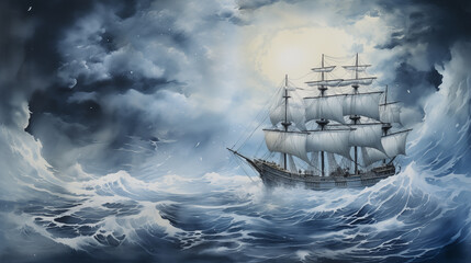Fototapeta premium Tall Ship in a Storm at Sea with Ominous Skies illustration ~ Created using Generative AI