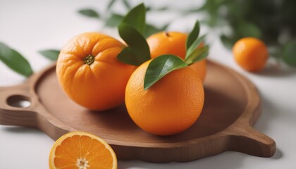 A bunch of fresh organic orange fruit in a wooden plate isolated on white background