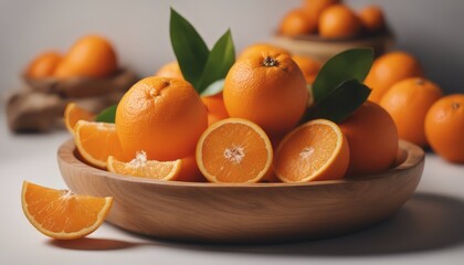 A bunch of fresh organic orange fruit in a wooden plate isolated on white background