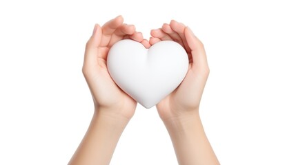 Fototapeta premium Female hands holding white heart shape isolated on white background .generative ai
