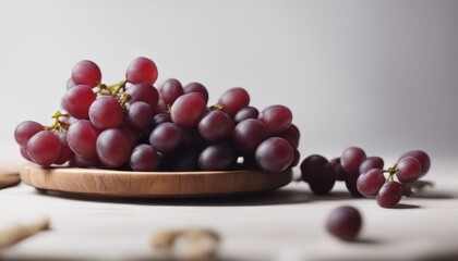 Fototapeta premium A bunch of fresh organic red grapes fruit in a wooden plate isolated on white background