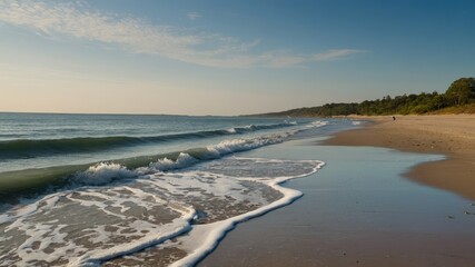 Quiet beach with gentle waves lapping the shore, peaceful and serene atmosphere at sunset