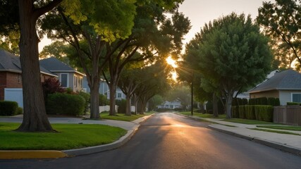 Obraz premium Quiet suburban street at dawn with soft light filtering through trees and illuminating the path