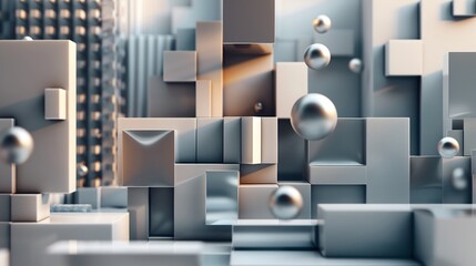 1. **Prompt:** Abstract 3D rendering featuring an intricate arrangement of geometric shapes, primarily focusing on cubes and squares. The composition showcases a modern and sophisticated interplay of