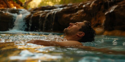 Man Relaxing in a Natural Waterfall Pool