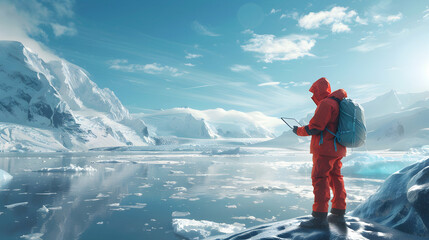3D Flat Icon Scientist with Digital Tablet Studying Melting Arctic Ice Caps   Climate Change Impact Concept with Glaciers and Blue Sky   Isolated White Background