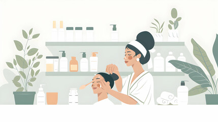 3D Flat Icon: Skincare Consultant Applying Moisturizer to Client in Spa | Relaxing Spa Decor, Copy Space | Isolated White Background