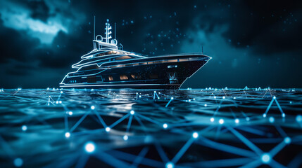 Yacht on the sea, surrounded in the style of glowing network connections and data points representing global connectivity