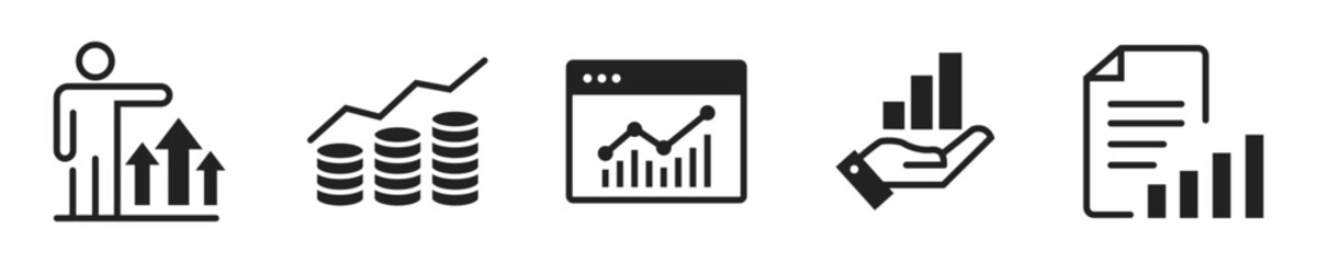 Business growth icon set. Set of 5 outline icons related to business growth. Linear icon collection. Business outline icons collection. Editable stroke. Vector illustration.