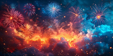 Naklejka premium 夜空に輝く花火の背景イラスト