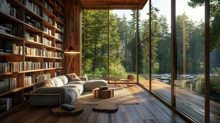 Luxurious wooden house interior with floor-to-ceiling windows overlooking the lake