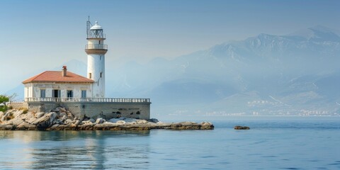 Fototapeta premium Lighthouse on a Rocky Outcropping with Mountain View