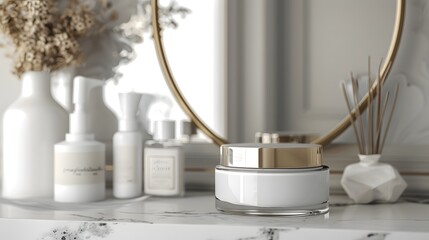 Blank Label Face Cream Jar: An elegant face cream jar with no label on a vanity table.
