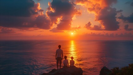 Fototapeta premium A Family's Serene Evening by the Ocean, Watching a Mesmerizing Sunset Over Calm Waters