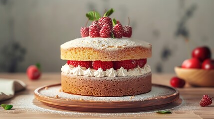 Cake with Victoria sponge on a wooden bowl very detailed and realistic shape