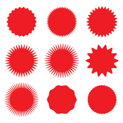 Set of red starburst, sunburst badges. Design elements.