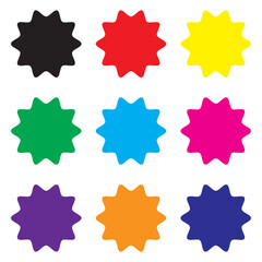 Bursting speech star set. Starburst isolated icons set with 9 different color.