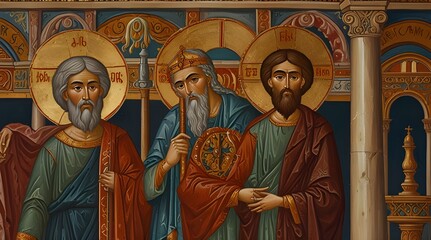 Fototapeta premium Illustration of two biblical figures in Byzantine style.generative.ai