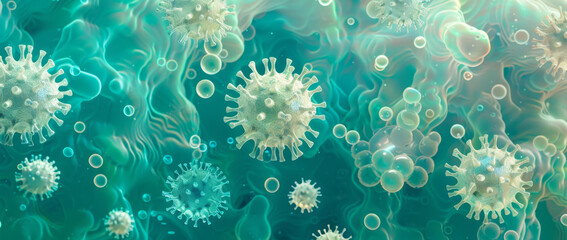 3D render of background with white computer generated coronavirus cells on a blue-green abstract pattern, in the style of a medical concept