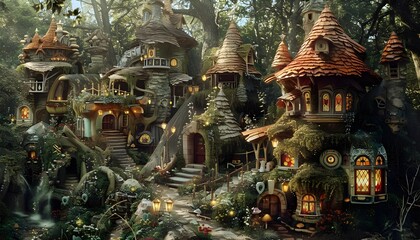 Fototapeta premium fairy village nestled in a forest