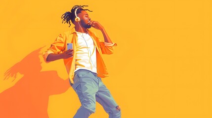 Obraz premium Cheerful man with mobile phone dancing while listening music through headphones against yellow background. 