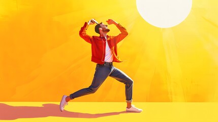 Cheerful man with mobile phone dancing while listening music through headphones against yellow background. 