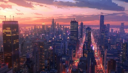 Obraz premium An anime-style dusk cityscape, glowing with lights and vibrant city life under a transitioning night sky 1. Generative AI