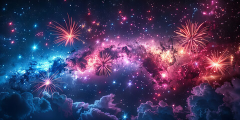 Fototapeta premium 夜空に輝く花火の背景イラスト