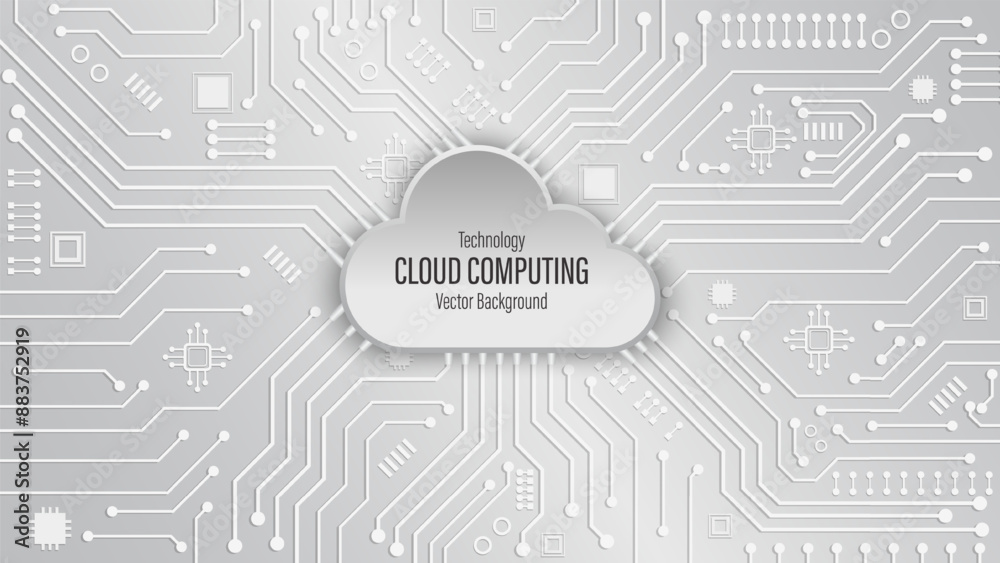 Poster Cloud computing technology on circuit board. Black and white abstract background. Cloud connection technology background. Cloud service and storage concept. Vector illustration.