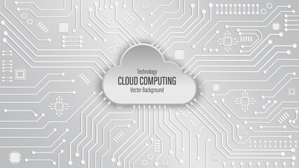 Obraz premium Cloud computing technology on circuit board. Black and white abstract background. Cloud connection technology background. Cloud service and storage concept. Vector illustration.