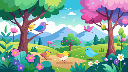Colorful spring landscape image with birds, vector art illustration