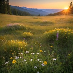 Obraz premium meadow in the mountains, mountain, flowers, hillside, sunset, escape
