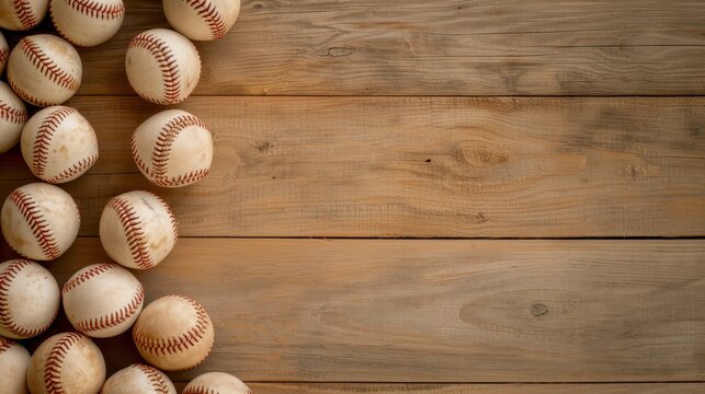 A collection of baseballs arranged on the left side of a wooden plank background, ideal for sports-themed designs and backgrounds.