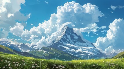 Fototapeta premium Majestic Mountain Landscape with Vivid Sky and Flourishing Green Field