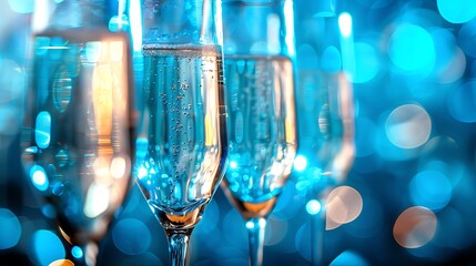 Champagne glasses are part of a stylish party set on a vivid blue bokeh background