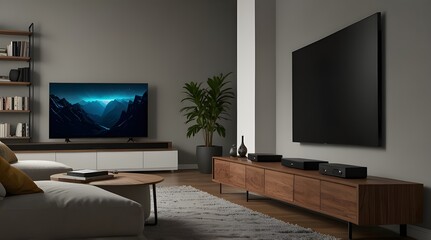 Sleek and modern living room setup featuring a wall mounted OLED TV and sophisticated soundbar creating an immersive entertainment experience amid a tranquil and harmonious interior design.generative.